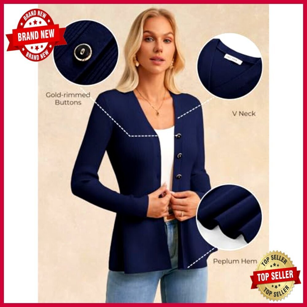 Long Sleeve Peplum Cardigan Knit Blazer Lightweight Business Casual Elegant - Picture 4 of 7